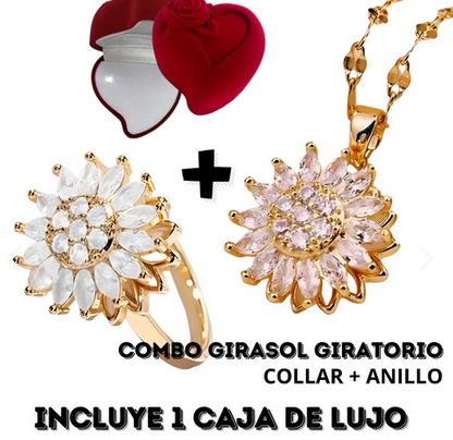 🌻Pack de Luz: Collar & Anillo Girasol Giratorio + caja de lujo✨